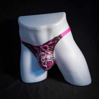 Men's pink metallic snakeskin thong underwear, classic cut, rear view.