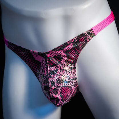 Men's pink metallic snakeskin thong underwear, classic cut, front view.