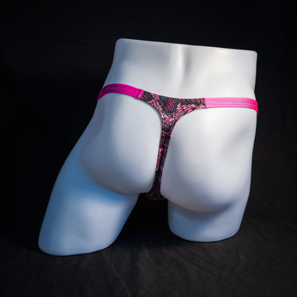Men's pink metallic snakeskin thong underwear, classic cut, rear view.