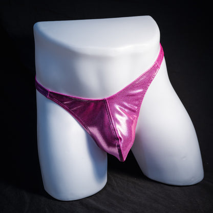 Men's pink metallic thong underwear, classic cut, front view.
