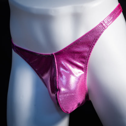 Men's pink metallic thong underwear, classic cut, front view.