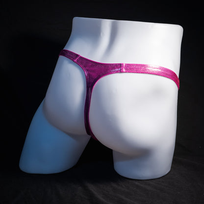 Men's pink metallic thong underwear, classic cut, rear view.