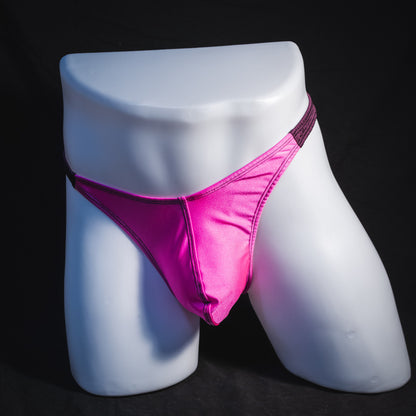 Men's pink and purple thong underwear, classic cut, full front view.