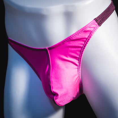 Men's pink and purple thong underwear, classic cut, front angled view.