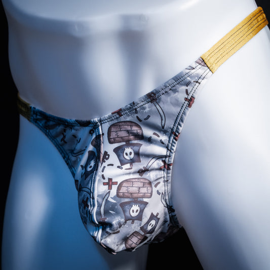 Men's pirate themed thong underwear, classic cut, Front angled view
