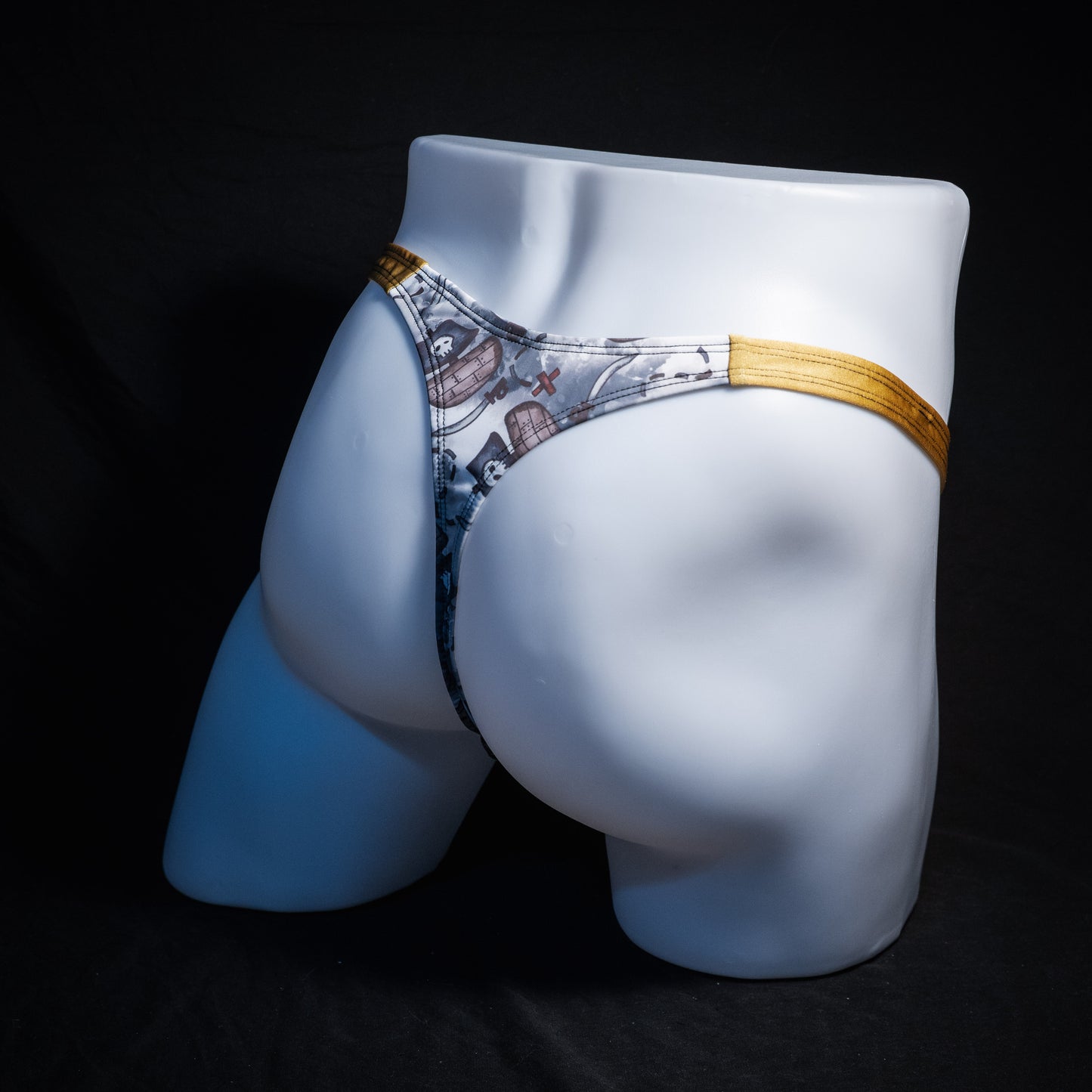 Men's pirate themed thong underwear, classic cut, Full angled rear view