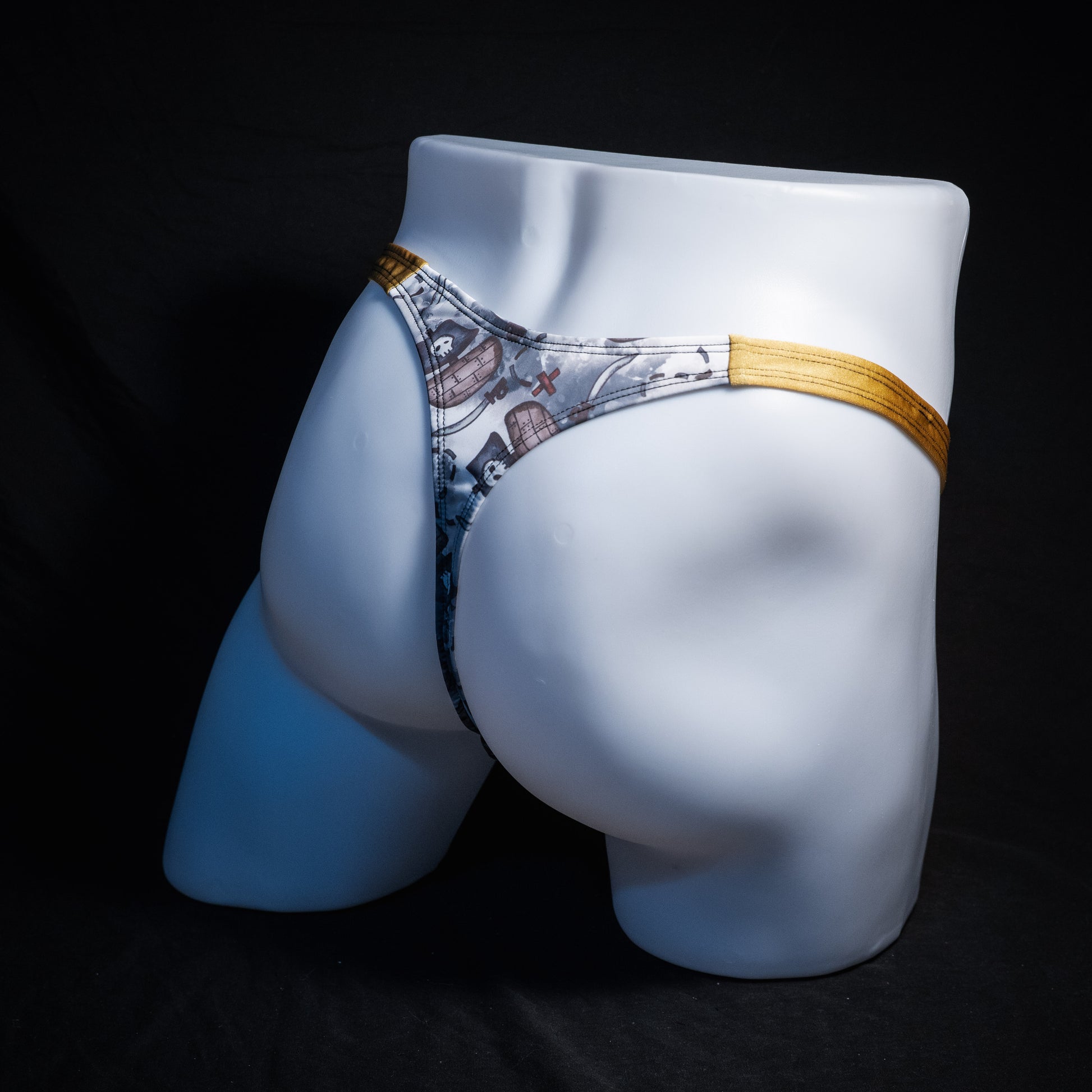 Men's pirate themed thong underwear, classic cut, Full angled rear view