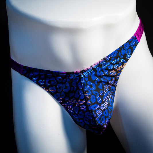 Men's purple and blue thong underwear, classic cut, front view.