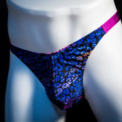 Men's purple and blue thong underwear, classic cut, front angled view.