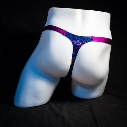 Men's purple and blue thong underwear, classic cut, full rear view.