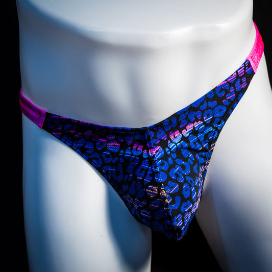 Men's purple and blue cheetah thong underwear, classic cut, front view.