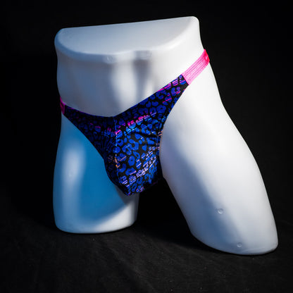 Men's purple and blue cheetah thong underwear, classic cut, full front angled view.