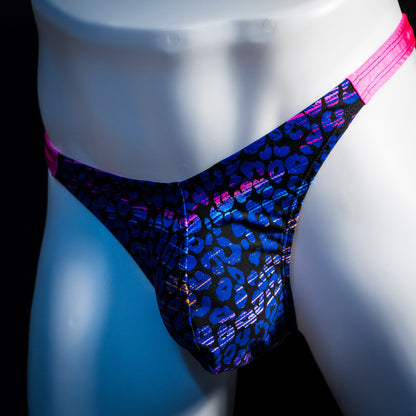 Men's purple and blue cheetah thong underwear, classic cut, front angled view.