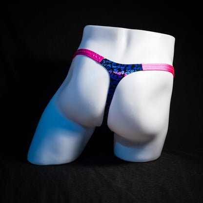 Men's purple and blue cheetah thong underwear, classic cut, full rear view.