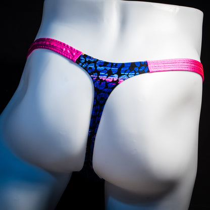 Men's purple and blue cheetah thong underwear, classic cut, rear view.