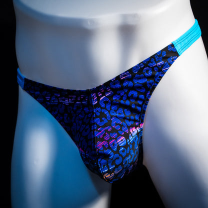 Men's purple and blue cheetah thong underwear, classic cut, front angled view.