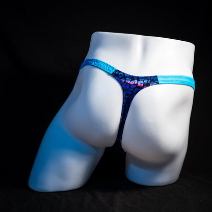 Men's purple and blue cheetah thong underwear, classic cut, full rear view.
