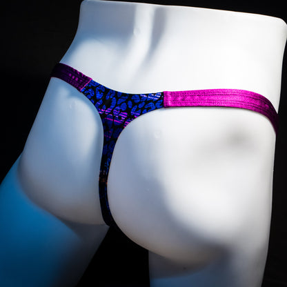 Men's purple and blue thong underwear, classic cut, rear angled view.