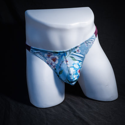 Men's purple and blue floral thong underwear, classic cut, Full front view