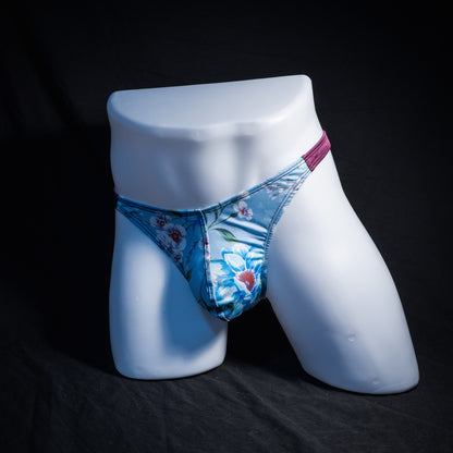 Men's purple and blue floral thong underwear, classic cut, Full front angled view