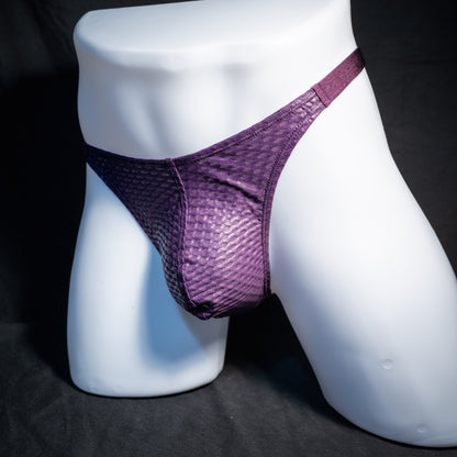 Men's purple athletic mesh thong underwear, classic cut, front view.