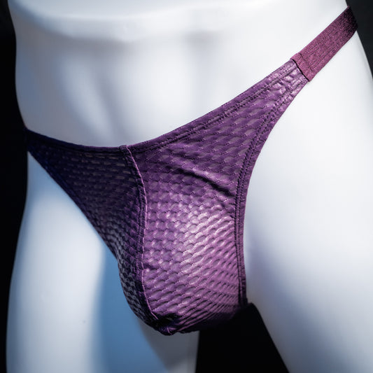 Men's purple athletic mesh thong underwear, classic cut, front view.
