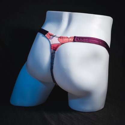 Men's purple floral thong underwear, classic cut, full angled rear view.