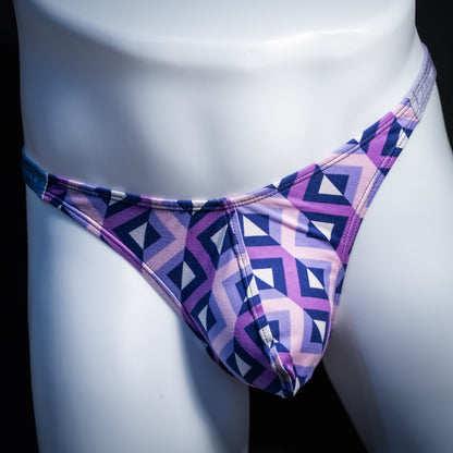 Men's purple geometric thong underwear, classic cut, front view.