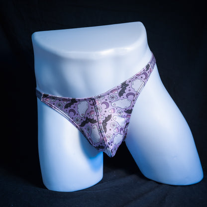 Men's purple ghosts and bats Halloween themed thong underwear, classic cut, front view.