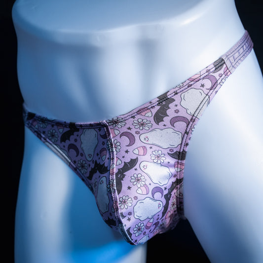 Men's purple ghosts and bats Halloween themed thong underwear, classic cut, front view.