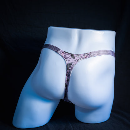 Men's purple ghosts and bats Halloween themed thong underwear, classic cut, rear view.