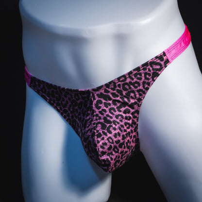 Men's purple and pink leopard print thong underwear, classic cut, front angled view.