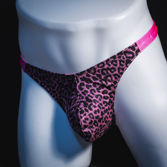 Men's purple and pink leopard print thong underwear, classic cut, front angled view.