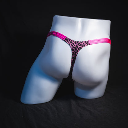 Men's purple and pink leopard print thong underwear, classic cut, Full rear view