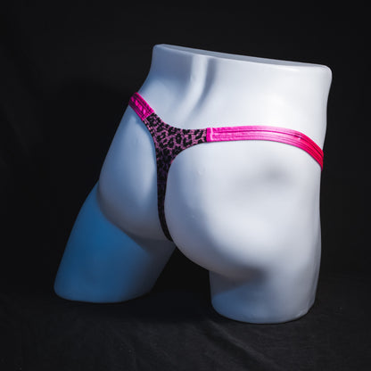 Men's purple and pink leopard print thong underwear, classic cut, Full angled rear view