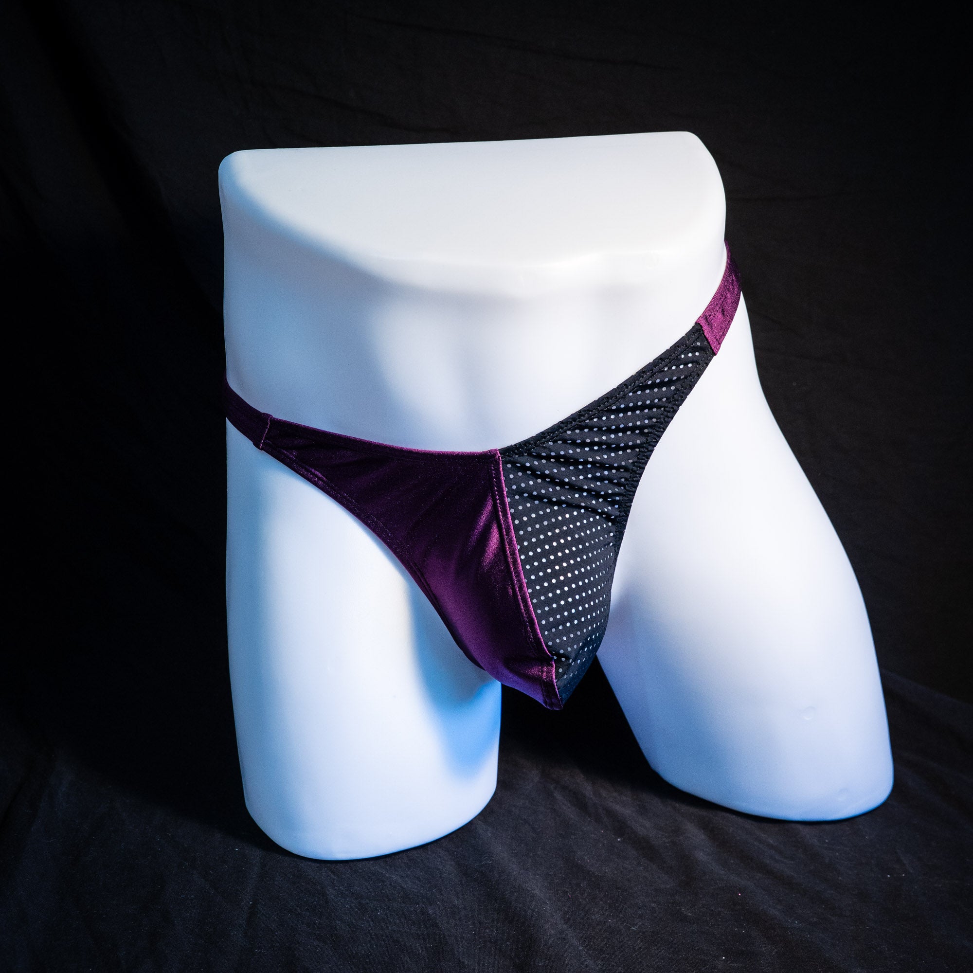Men's half mesh and purple thong underwear, classic cut, full front view.