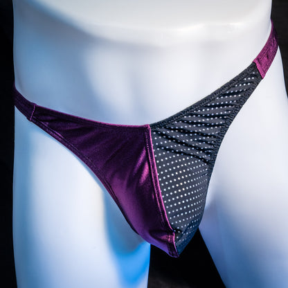 Men's half mesh and purple thong underwear, classic cut, front view.