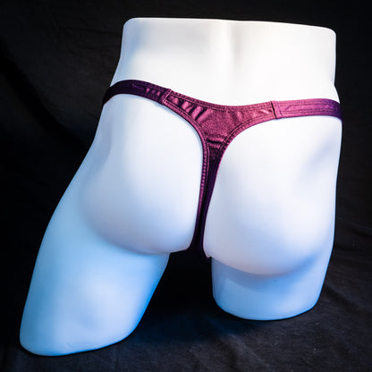 Men's half mesh and purple thong underwear, classic cut, full rear view.