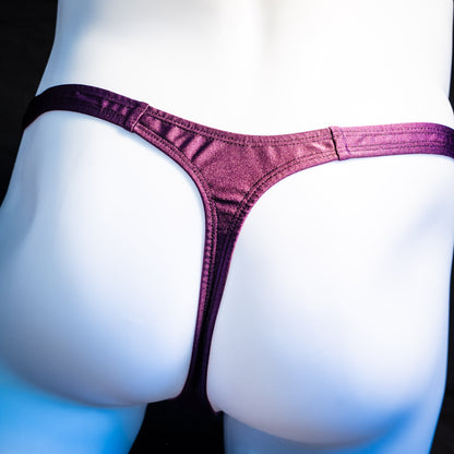 Men's half mesh and purple thong underwear, classic cut, rear view.