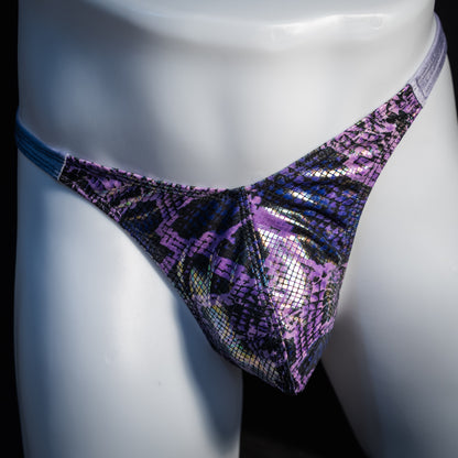 Men's purple metallic snakeskin thong underwear, classic cut, front view.