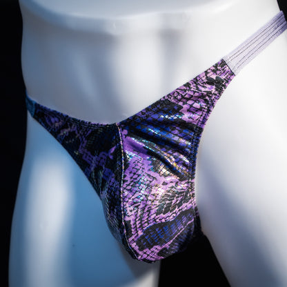 Men's purple metallic snakeskin thong underwear, classic cut, front view.