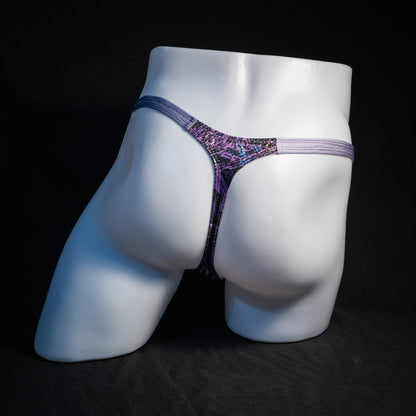 Men's purple metallic snakeskin thong underwear, classic cut, rear view.