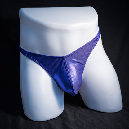 Men's purple metallic thong underwear, classic cut, front view.