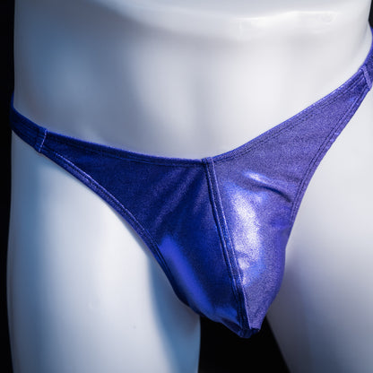 Men's purple metallic thong underwear, classic cut, front view.