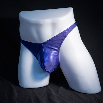Men's purple metallic thong underwear, classic cut, front view.