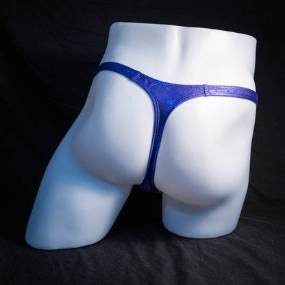 Men's purple metallic thong underwear, classic cut, rear view.