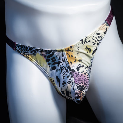 Men's purple wild cat thong underwear, classic cut, front view.