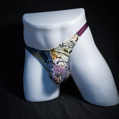 Men's purple wild cat thong underwear, classic cut, front view.