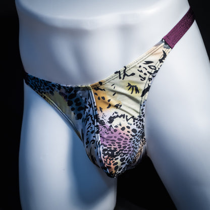 Men's purple wild cat thong underwear, classic cut, front view.