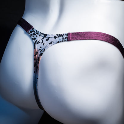 Men's purple wild cat thong underwear, classic cut, rear view.